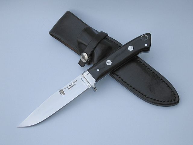 <strong>Long Vagabond stabalised bog oak handle stainless steel fittings Ats 34 blade leather sheath 